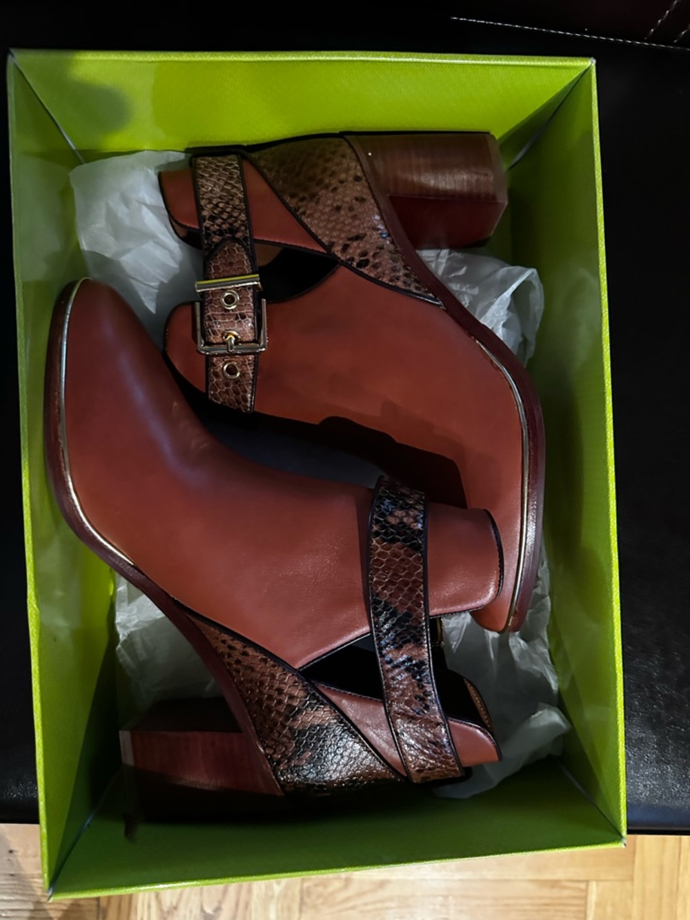 Ted Baker Rust Leather Ankle Boots with Snake-Print Straps